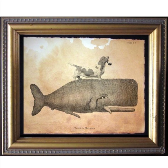Brown Basset Hound on Whale Art Print Tea Stained - Picture 1 of 2